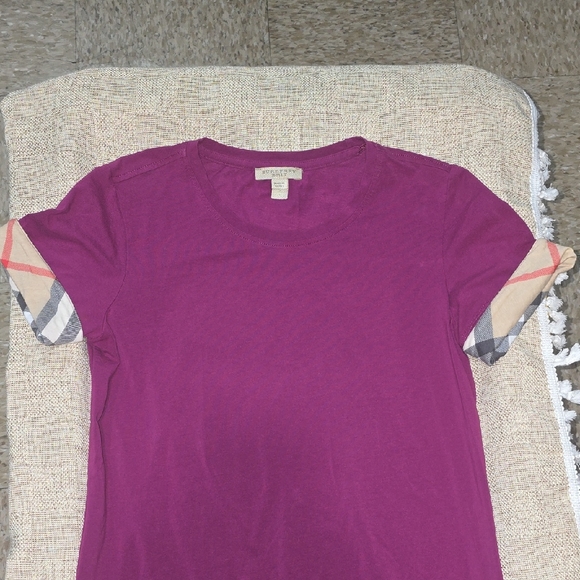 Burberry Magenta Tee with Plaid Sleeves - Picture 1 of 10